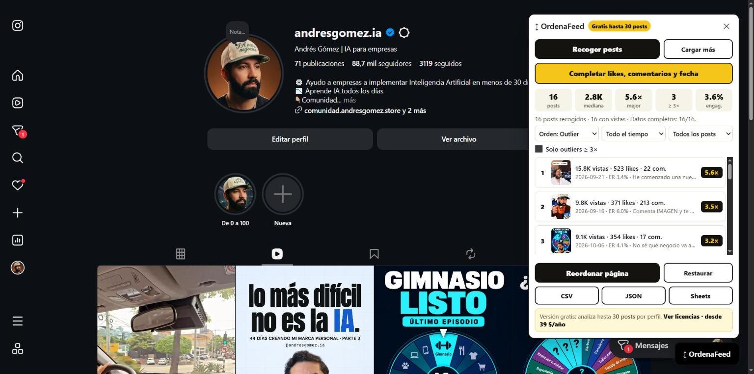 OrdenaFeed en un perfil real de Instagram: estadísticas, filtros y posts ordenados por outlier con vistas, likes, comentarios y engagement
