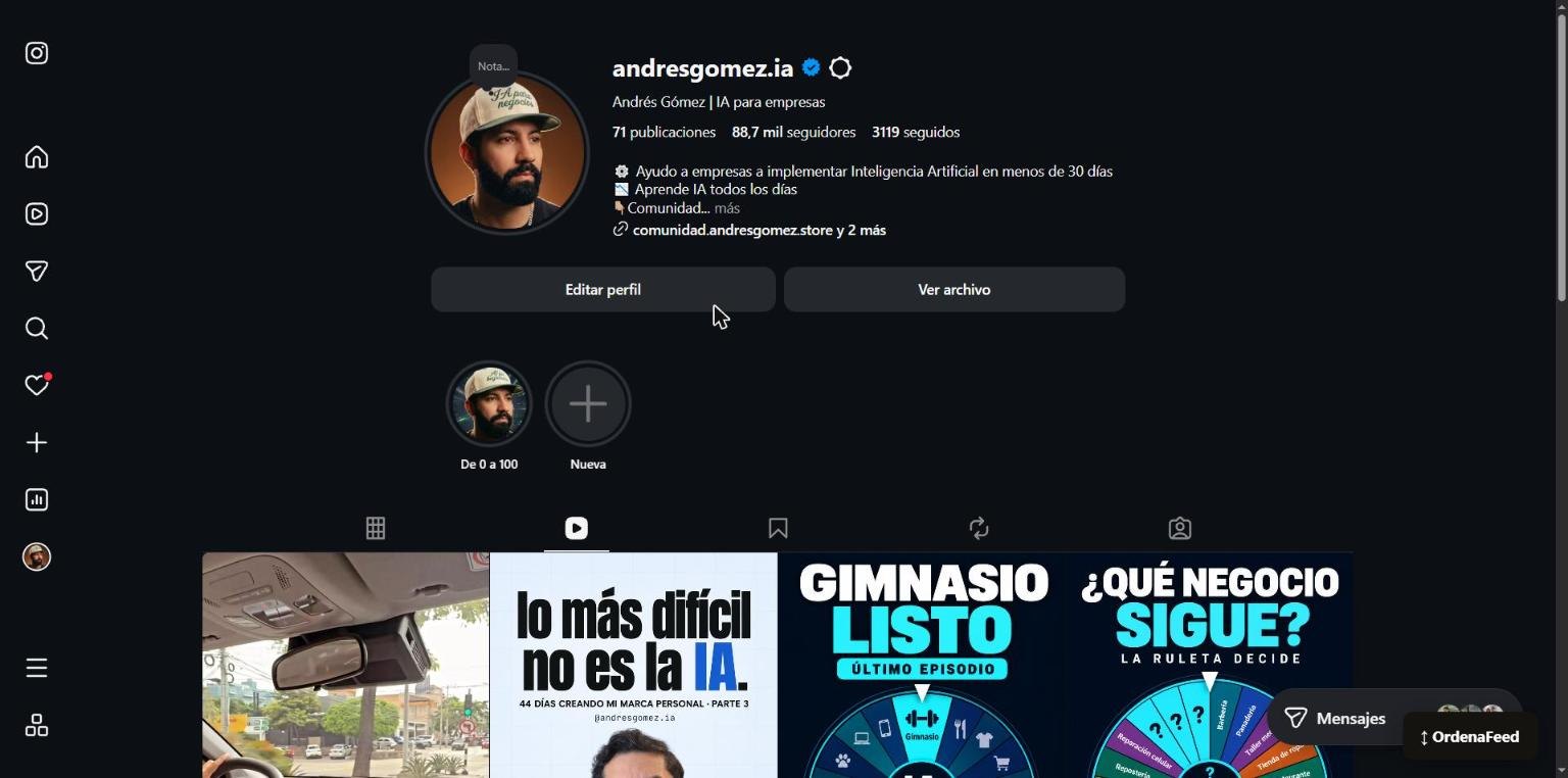 Perfil de Instagram con el botón ↕ OrdenaFeed abajo a la derecha
